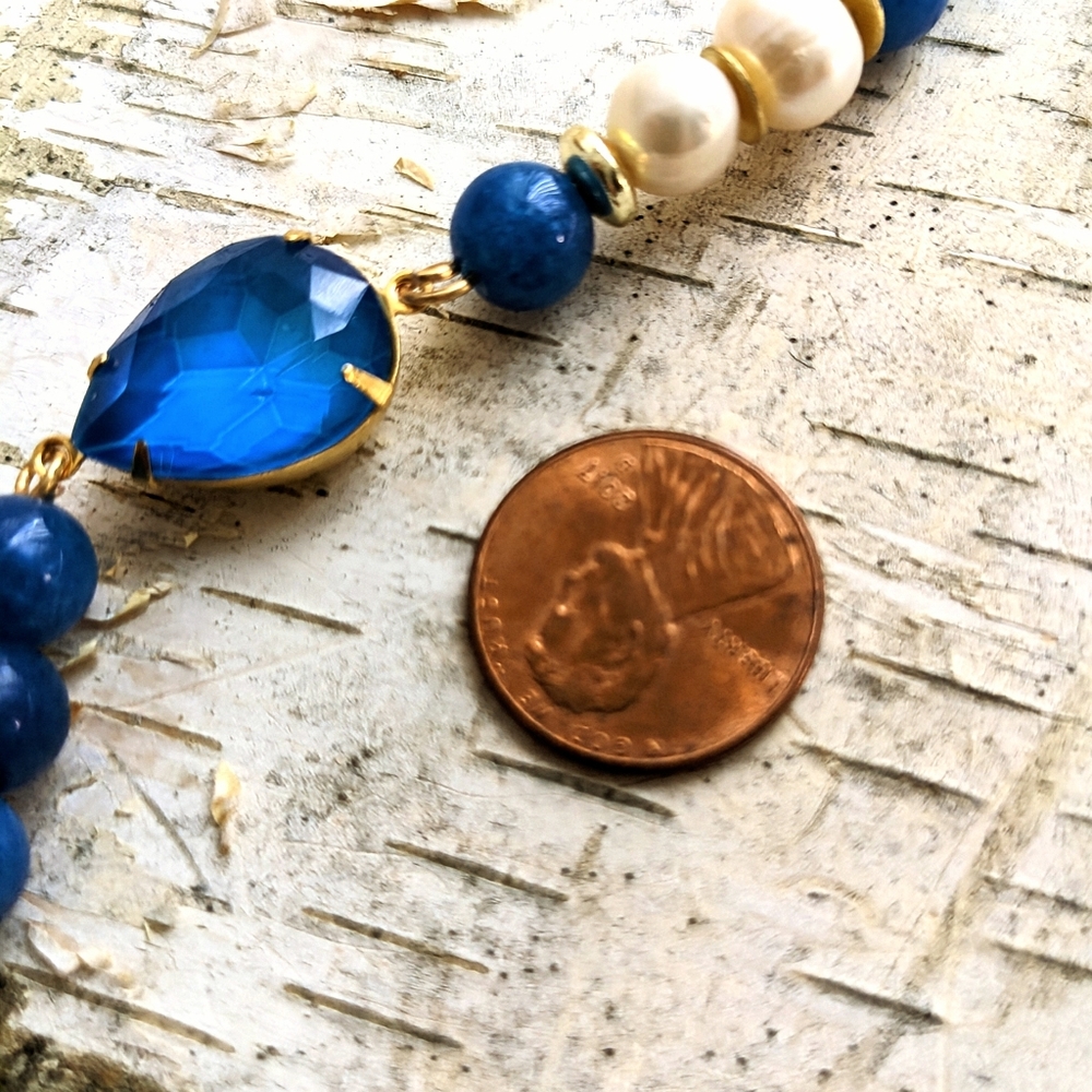 Dark Blue Jade,  Picasso Blue Beads & Pearls Crystal Pendant  Bracelet - Picture 4 of 7